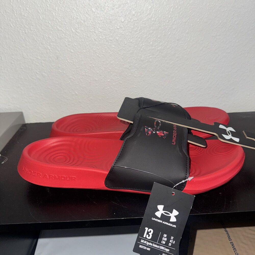 Under Armour Ignite GRH Logo UA Red Black Slip On Sandal 3027221-601 Men Size 13